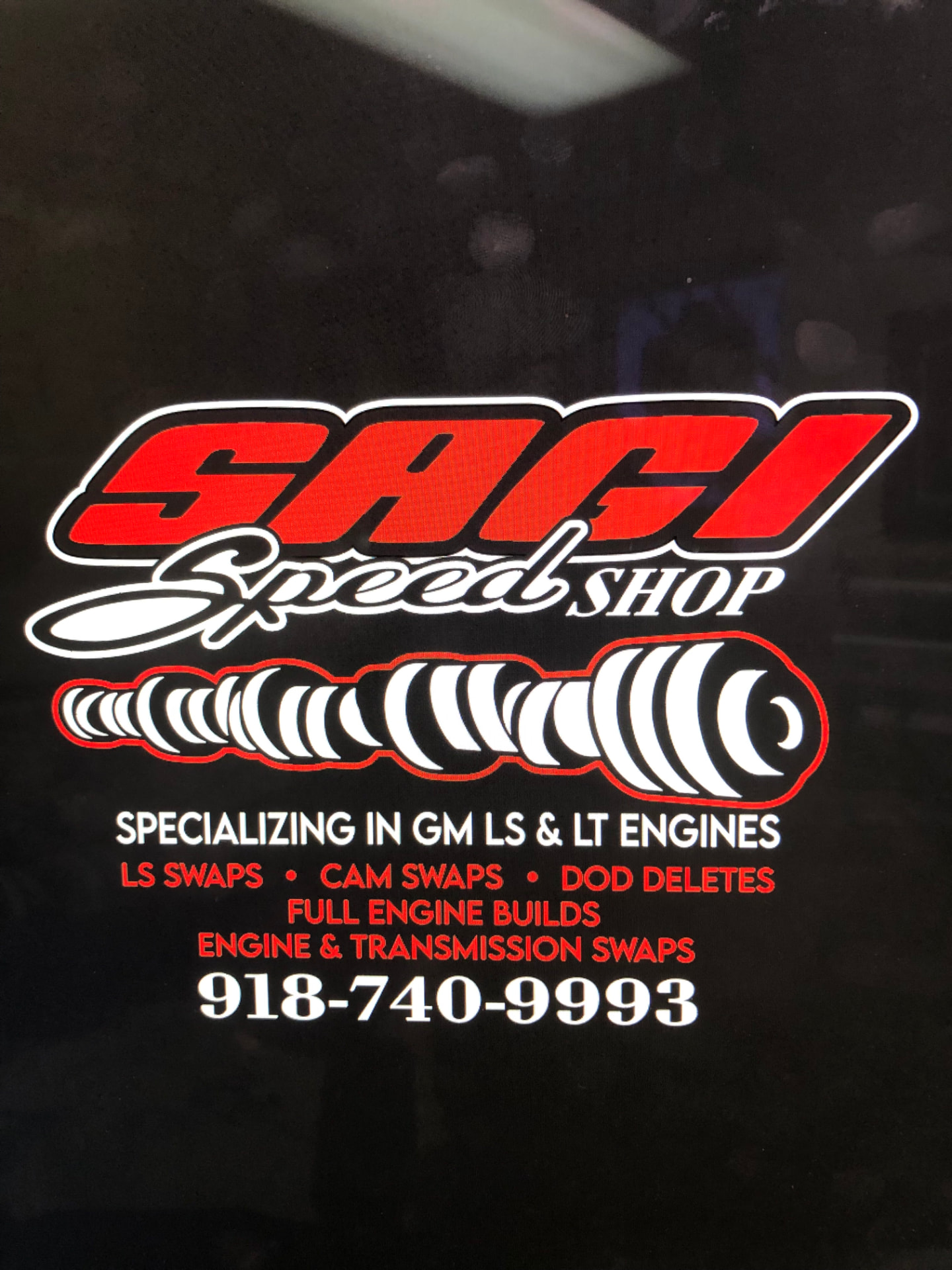 Sagi Speed Shop tee back with full logo and services